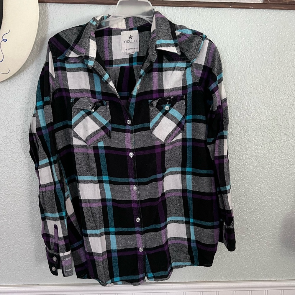 The Boyfriend Fit Black, Purple and Teal Flannel Shirt.